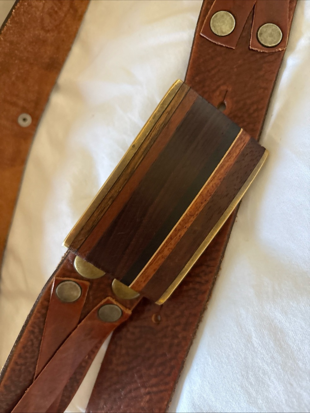 Kenneth Reid Leather Belt with Brass and Wood belt Buckle. Made in New Mexico
